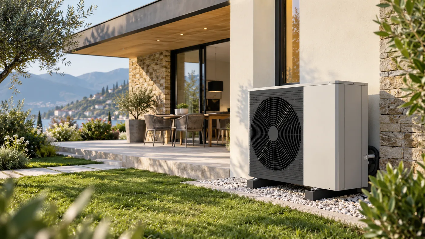 Pompa di calore esterna accanto a una casa moderna